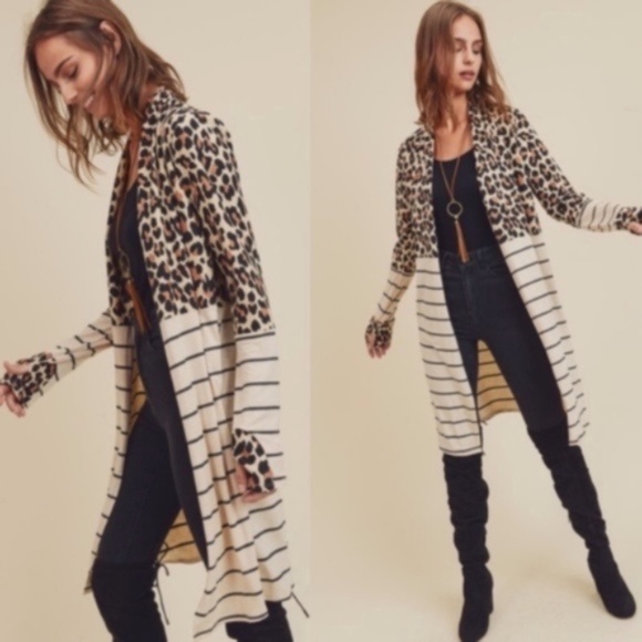 Cream Leopard Print Stripes Color block Cardigan Casual - Picture 3 of 3